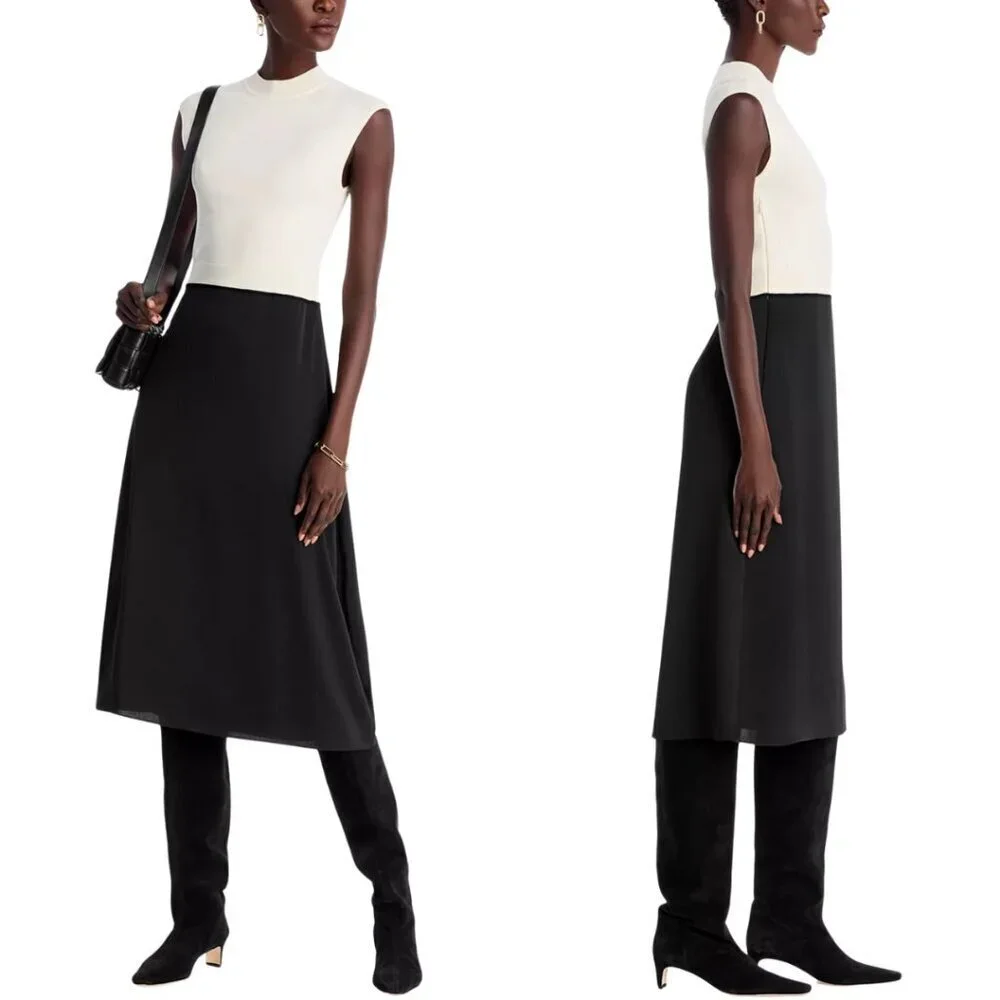 Hugo Boss Ferdola Mixed Media Midi Dress Women's XS Ivory Black Career Chic NWOT - Picture 2 of 16